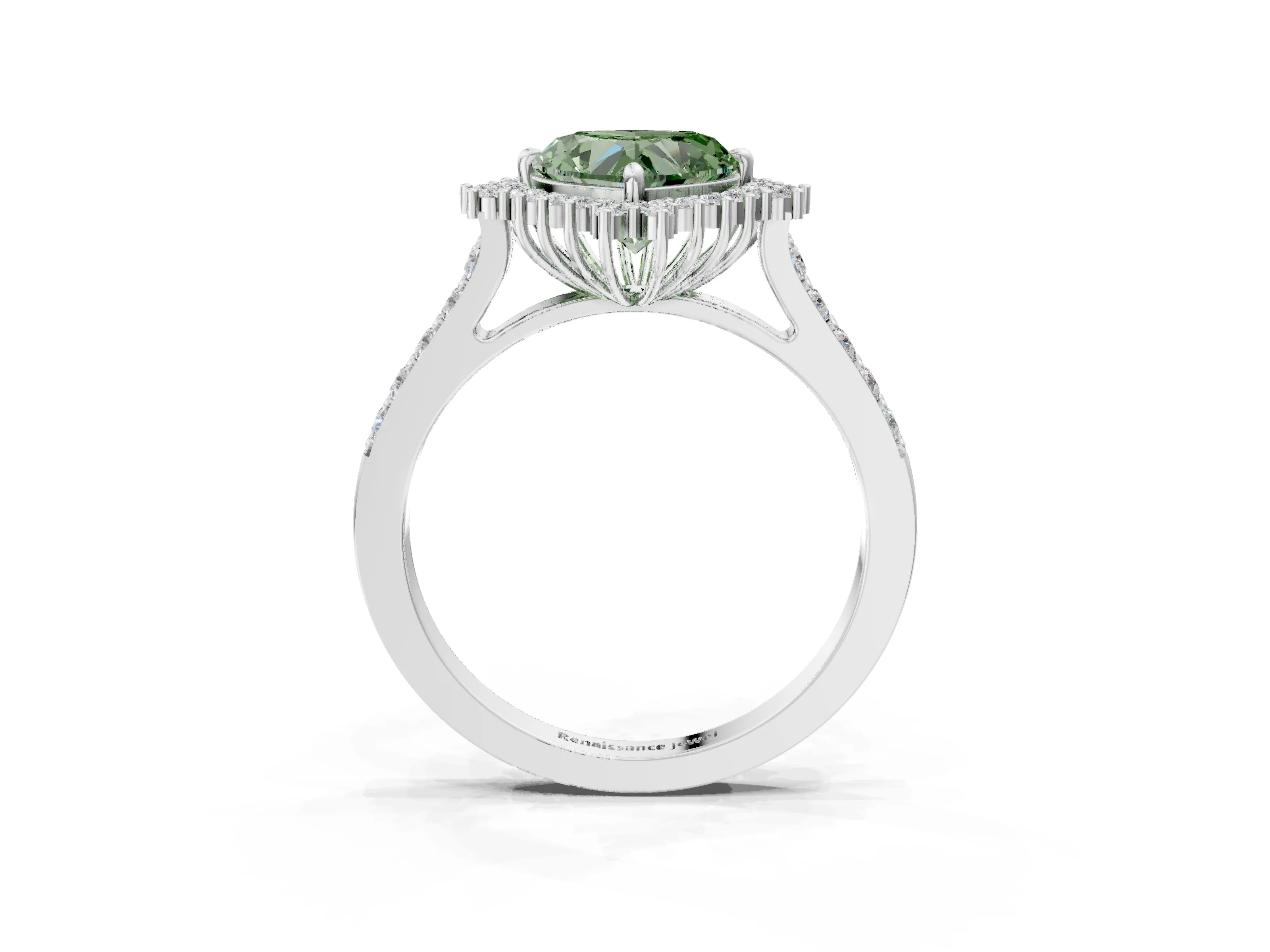 White gold Fancy Green Heart Cut Cut Diamond Sunburst Halo Engagement Ring with Pavé Band_3