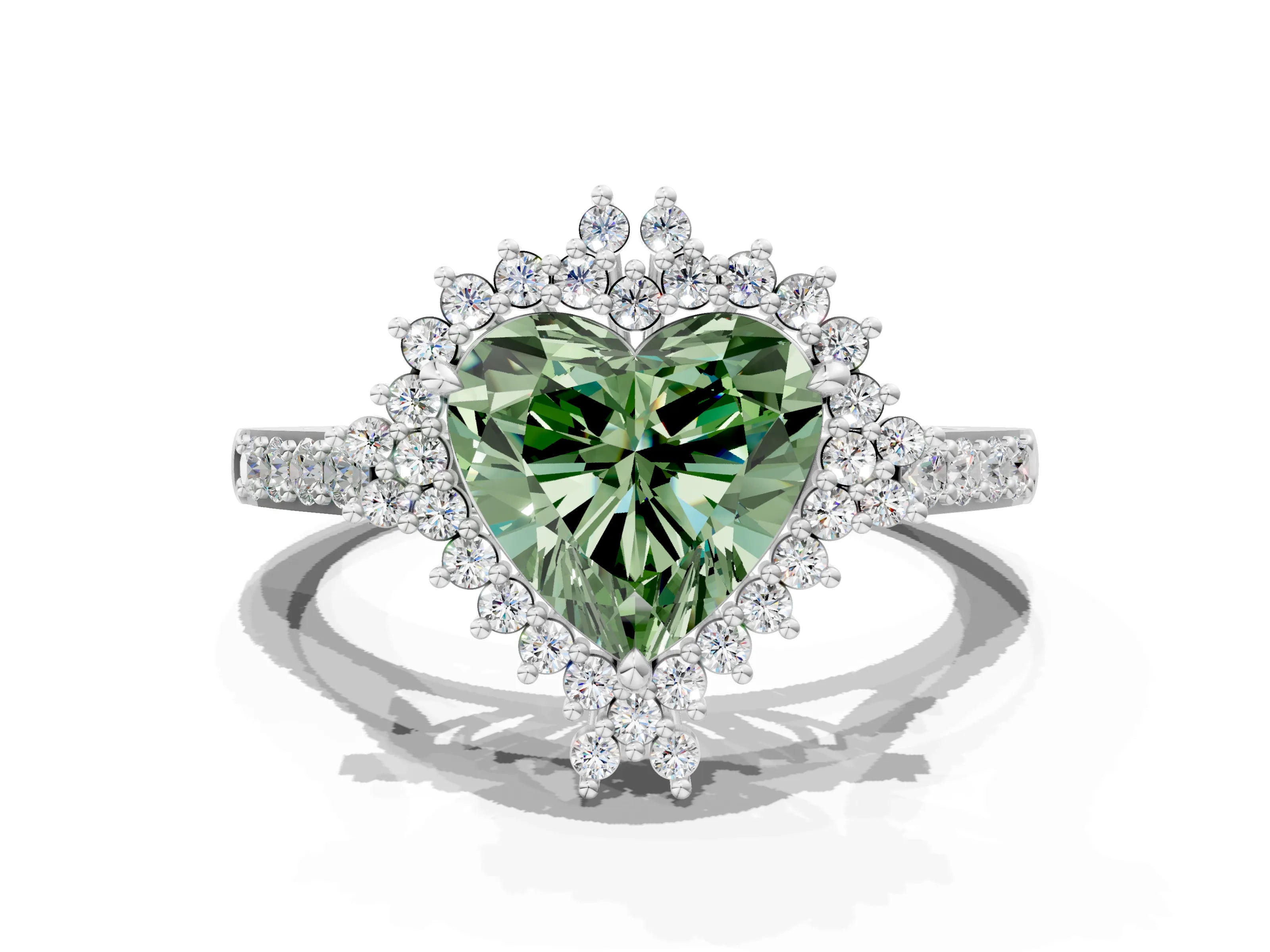 White gold Fancy Green Heart Cut Cut Diamond Sunburst Halo Engagement Ring with Pavé Band