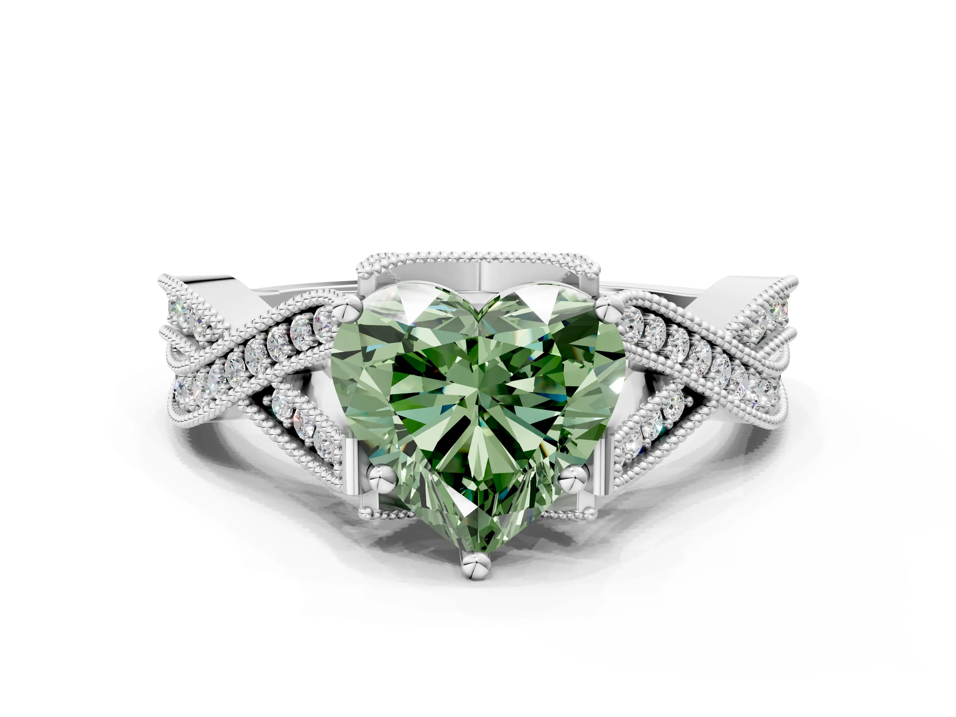 White gold Fancy Green Heart Cut Cut Diamond Twisted Band with Milgrain Pave Setting and Four-Prong Setting_12