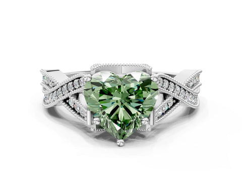 White gold Fancy Green Heart Cut Cut Diamond Twisted Band with Milgrain Pave Setting and Four-Prong Setting_12