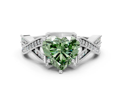 White gold Fancy Green Heart Cut Cut Diamond Twisted Band with Milgrain Pave Setting and Four-Prong Setting_12
