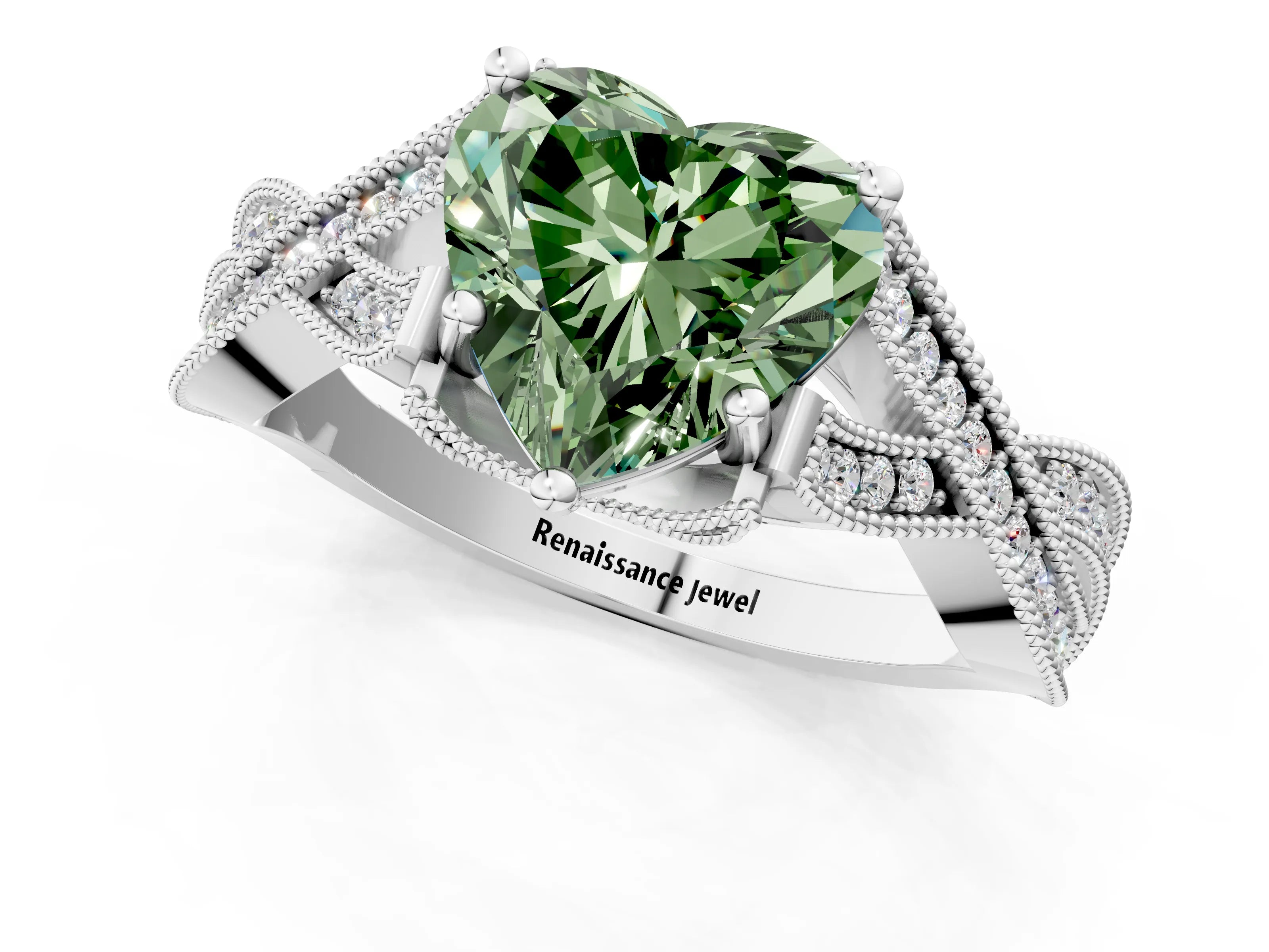 White gold Fancy Green Heart Cut Cut Diamond Twisted Band with Milgrain Pave Setting and Four-Prong Setting_13