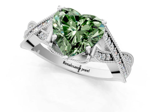 White gold Fancy Green Heart Cut Cut Diamond Twisted Band with Milgrain Pave Setting and Four-Prong Setting_13