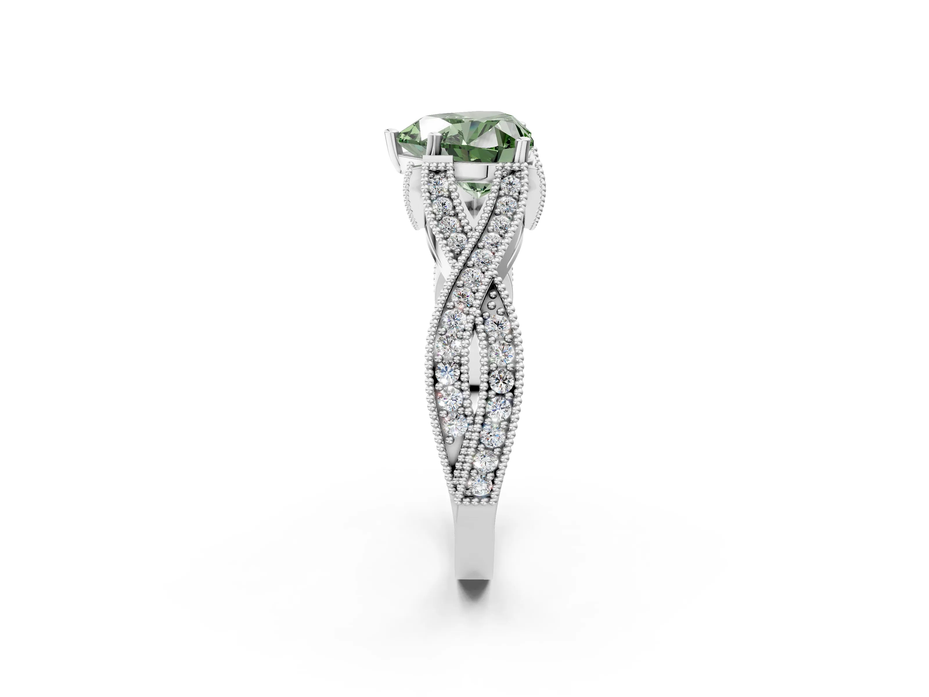 White gold Fancy Green Heart Cut Cut Diamond Twisted Band with Milgrain Pave Setting and Four-Prong Setting_14