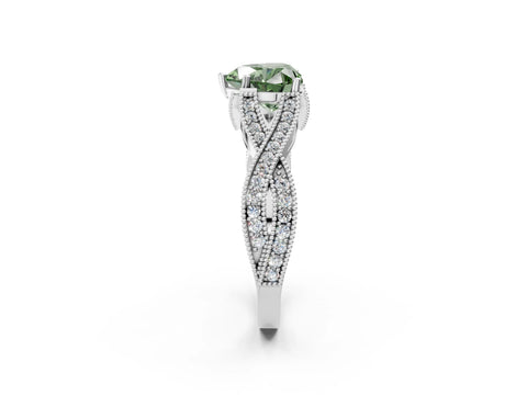 White gold Fancy Green Heart Cut Cut Diamond Twisted Band with Milgrain Pave Setting and Four-Prong Setting_14