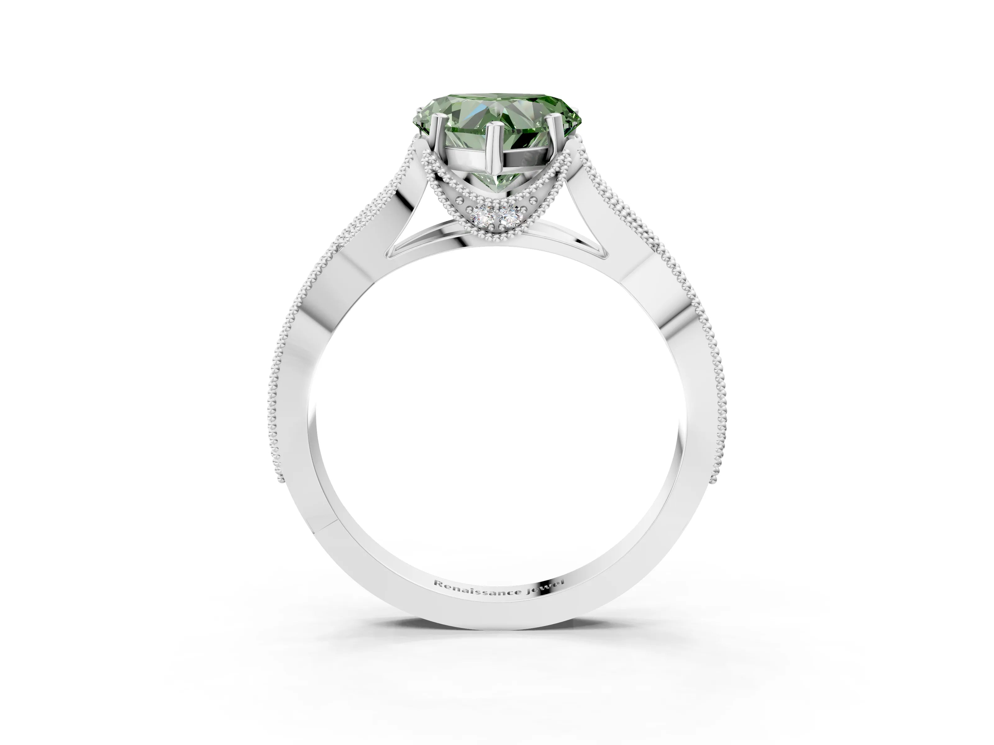 White gold Fancy Green Heart Cut Cut Diamond Twisted Band with Milgrain Pave Setting and Four-Prong Setting_15