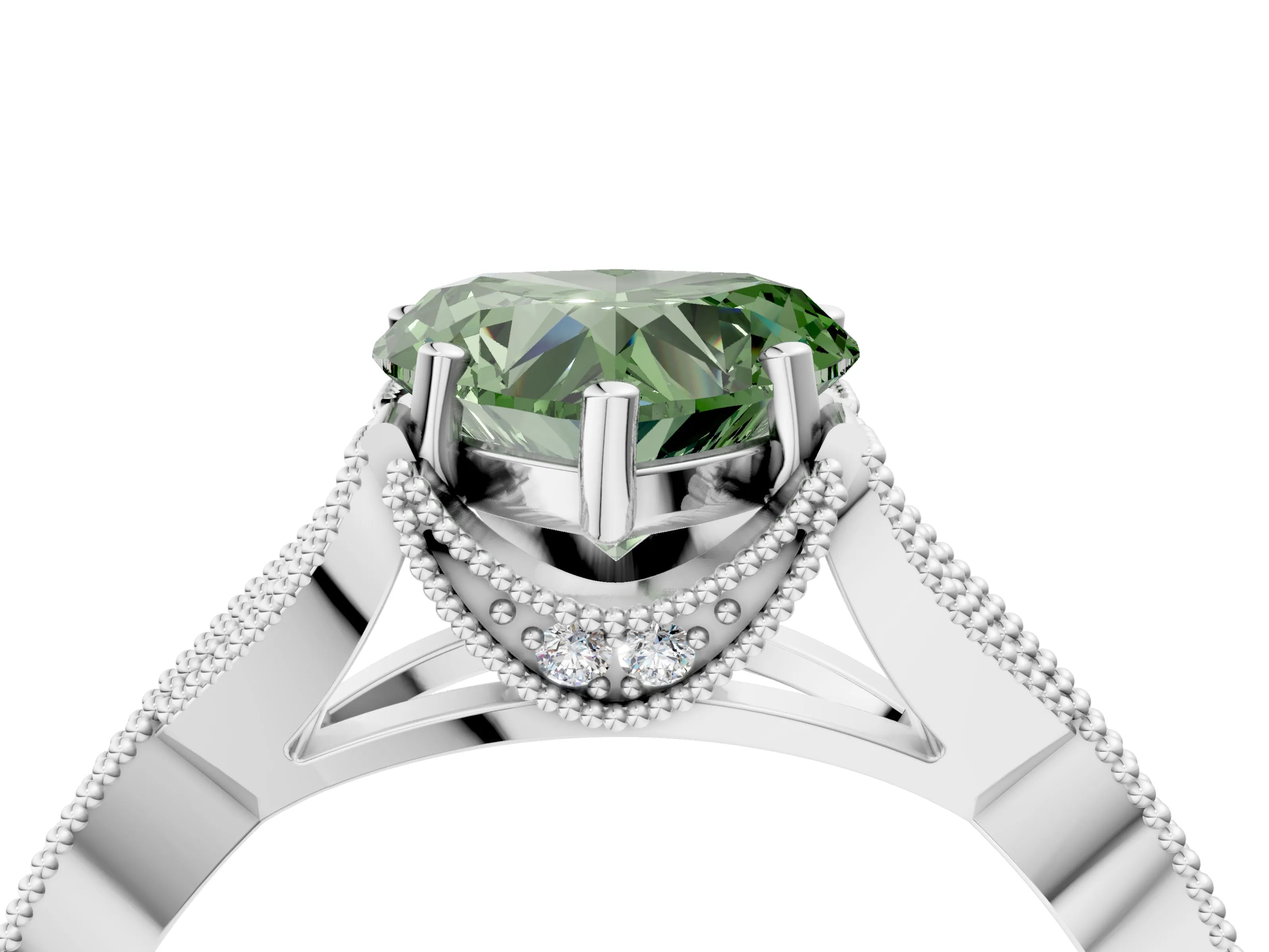 White gold Fancy Green Heart Cut Cut Diamond Twisted Band with Milgrain Pave Setting and Four-Prong Setting_16