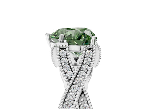 White gold Fancy Green Heart Cut Cut Diamond Twisted Band with Milgrain Pave Setting and Four-Prong Setting_17