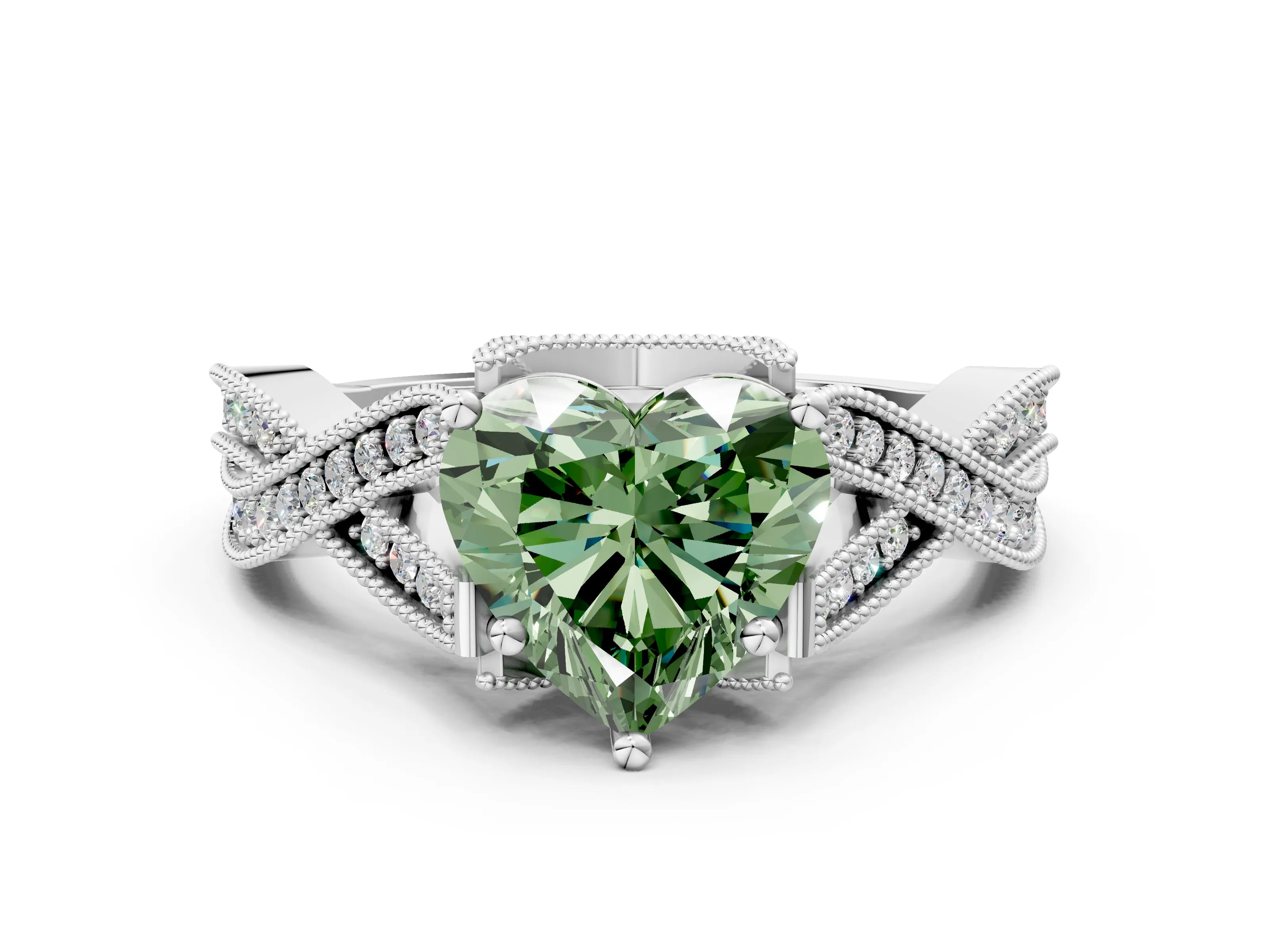 White gold Fancy Green Heart Cut Cut Diamond Twisted Band with Milgrain Pave Setting and Four-Prong Setting_18