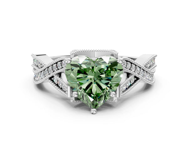 White Gold Heart-Shaped Graduated Pave Twist Engagement Ring Setting for Fancy Green Center