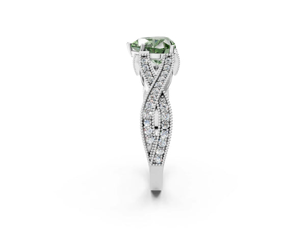 White Gold Heart-Shaped Graduated Pave Twist Engagement Ring Setting for Fancy Green Center