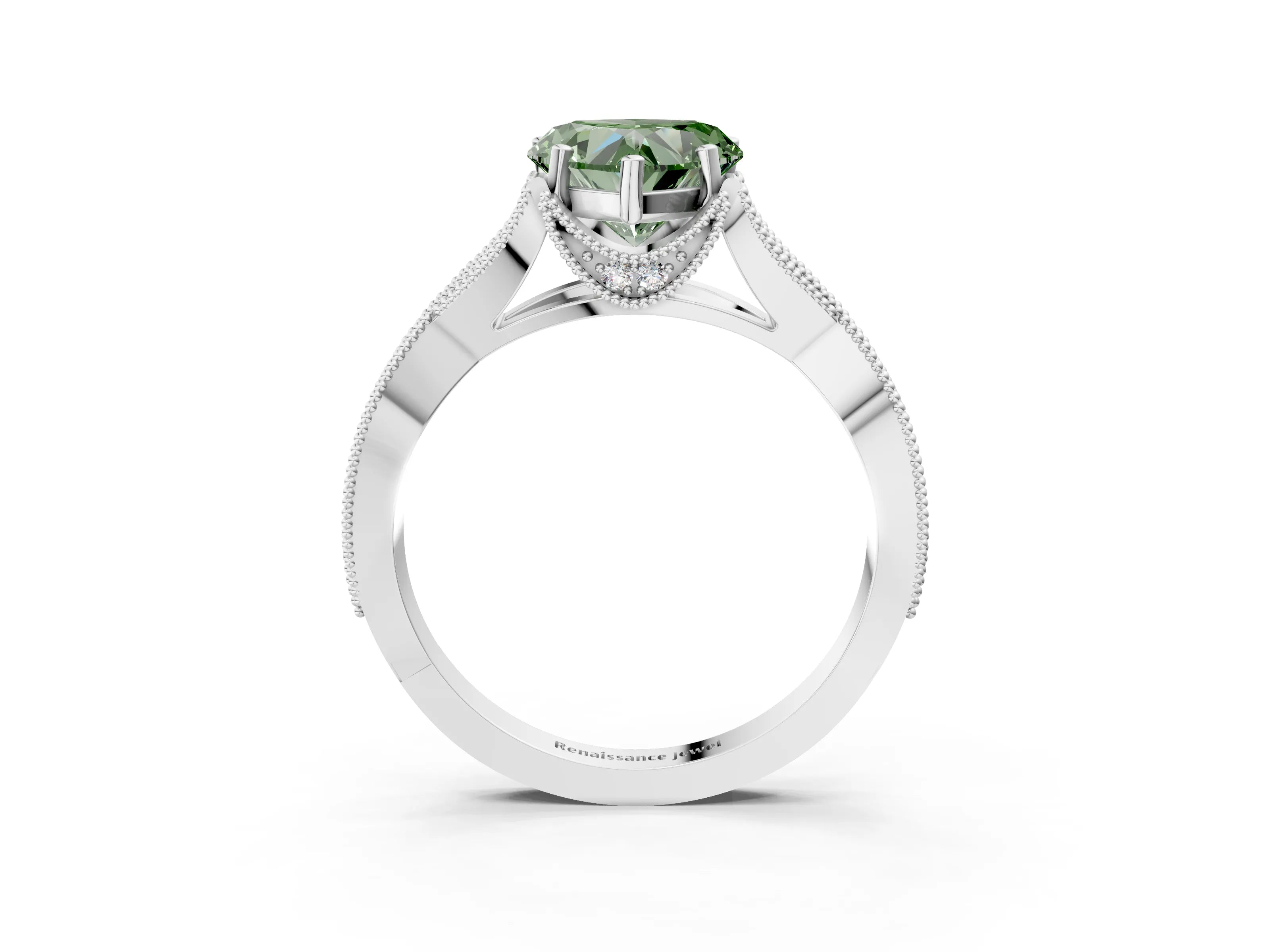 White gold Fancy Green Heart Cut Cut Diamond Twisted Band with Milgrain Pave Setting and Four-Prong Setting_21