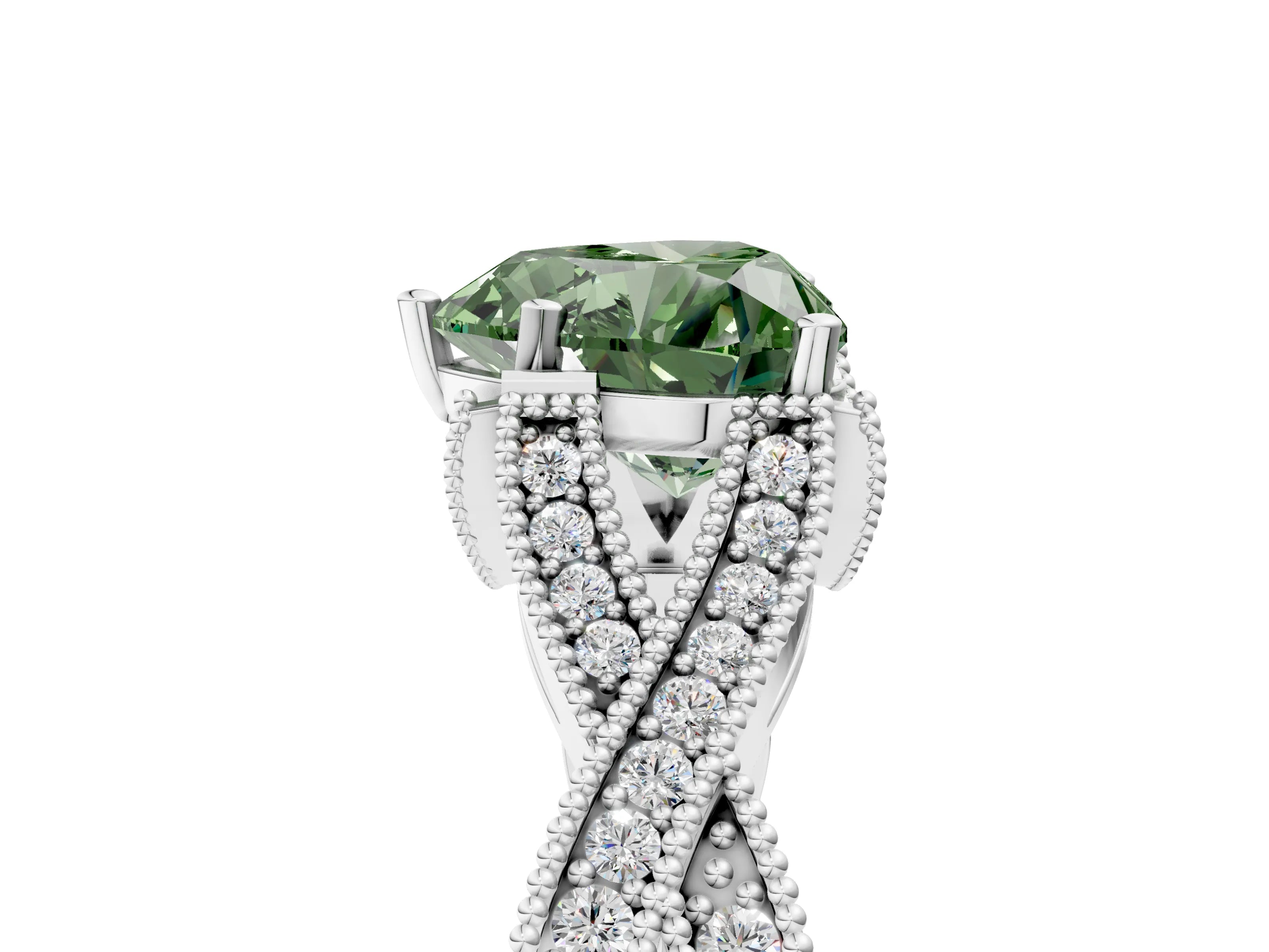 White gold Fancy Green Heart Cut Cut Diamond Twisted Band with Milgrain Pave Setting and Four-Prong Setting_23