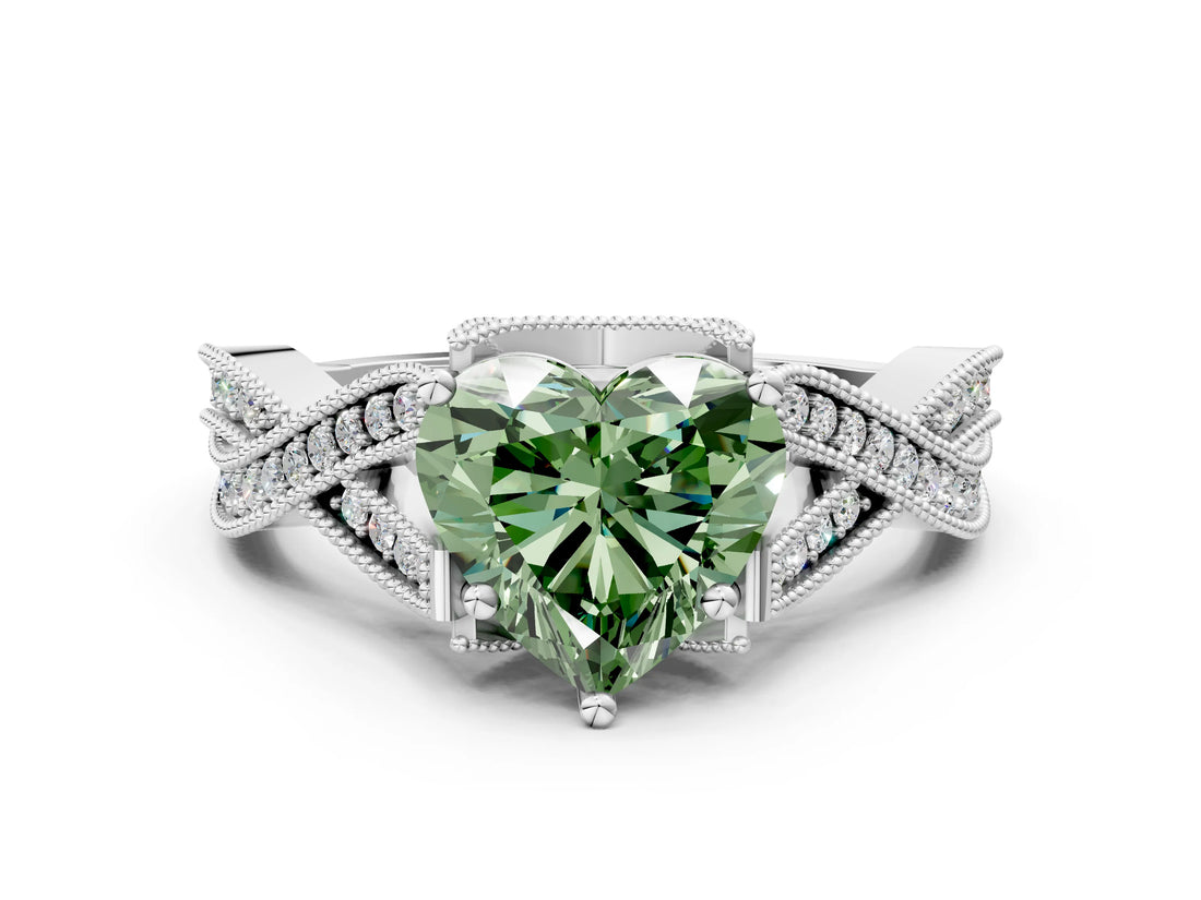 White gold Fancy Green Heart Cut Cut Diamond Twisted Band with Milgrain Pave Setting and Four-Prong Setting_8