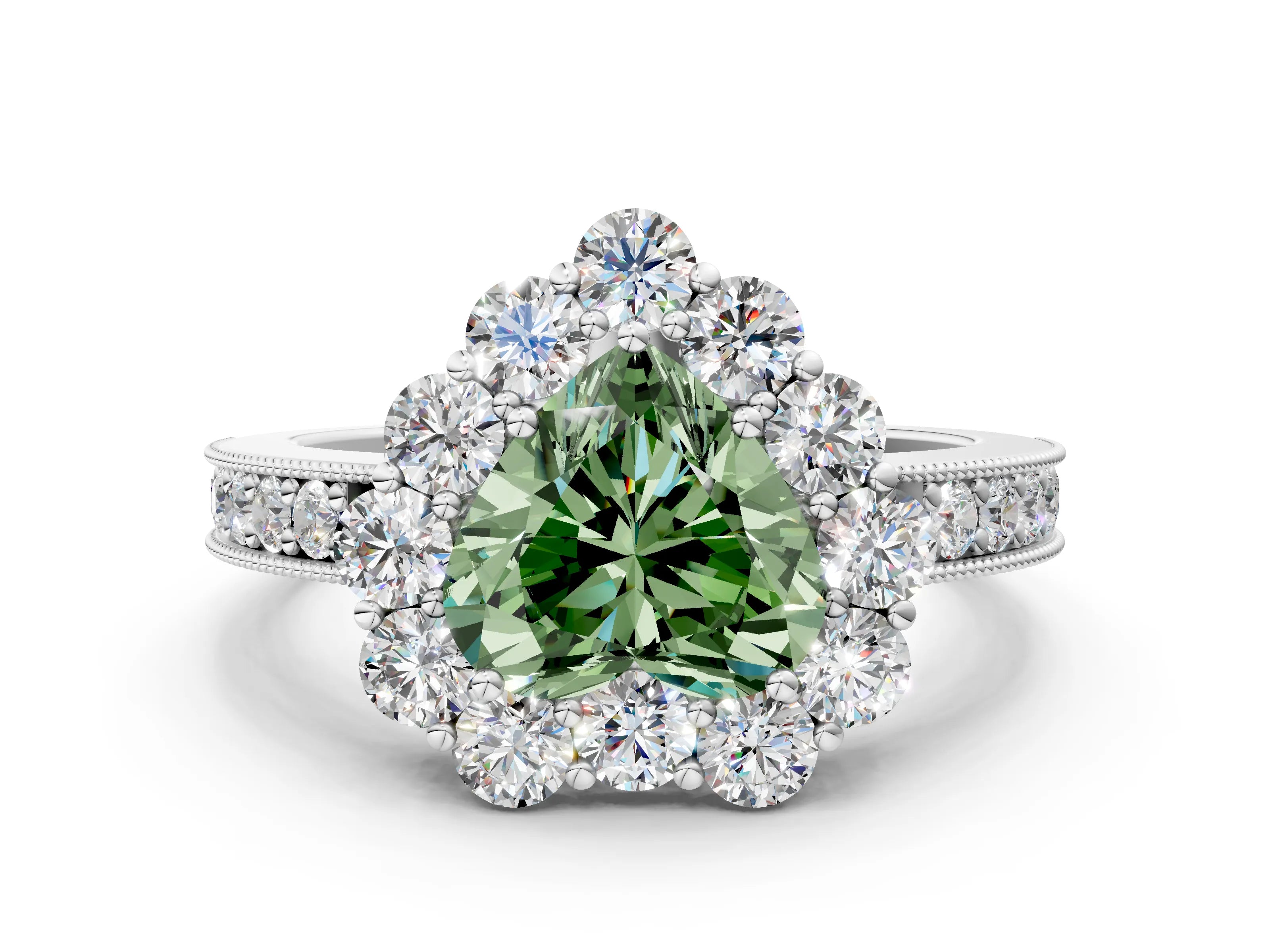 White gold Fancy Green Heart Cut Cut Halo Diamond Pavé Engagement Ring with Milgrain Detailing_12