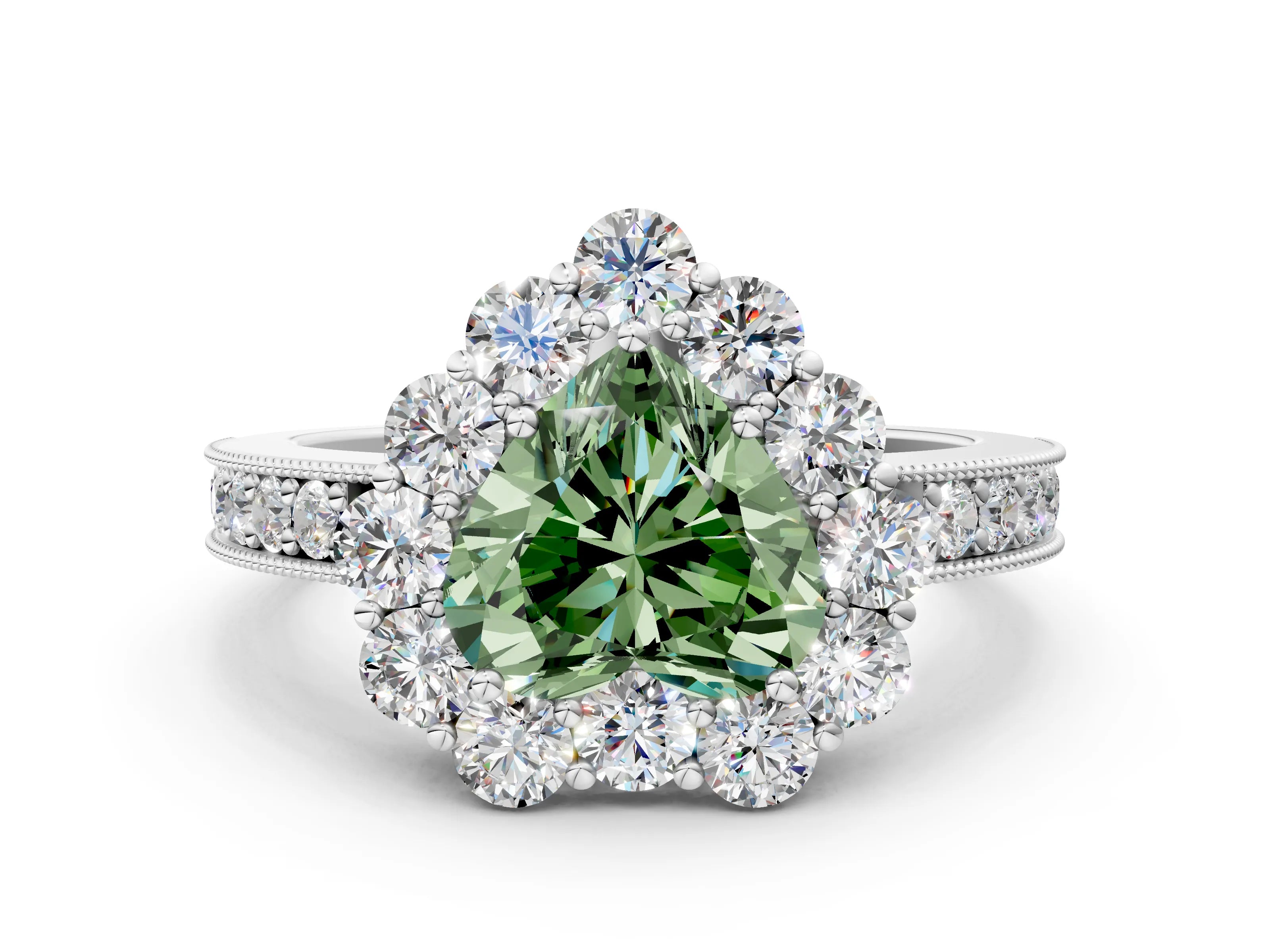 White gold Fancy Green Heart Cut Cut Halo Diamond Pavé Engagement Ring with Milgrain Detailing_18