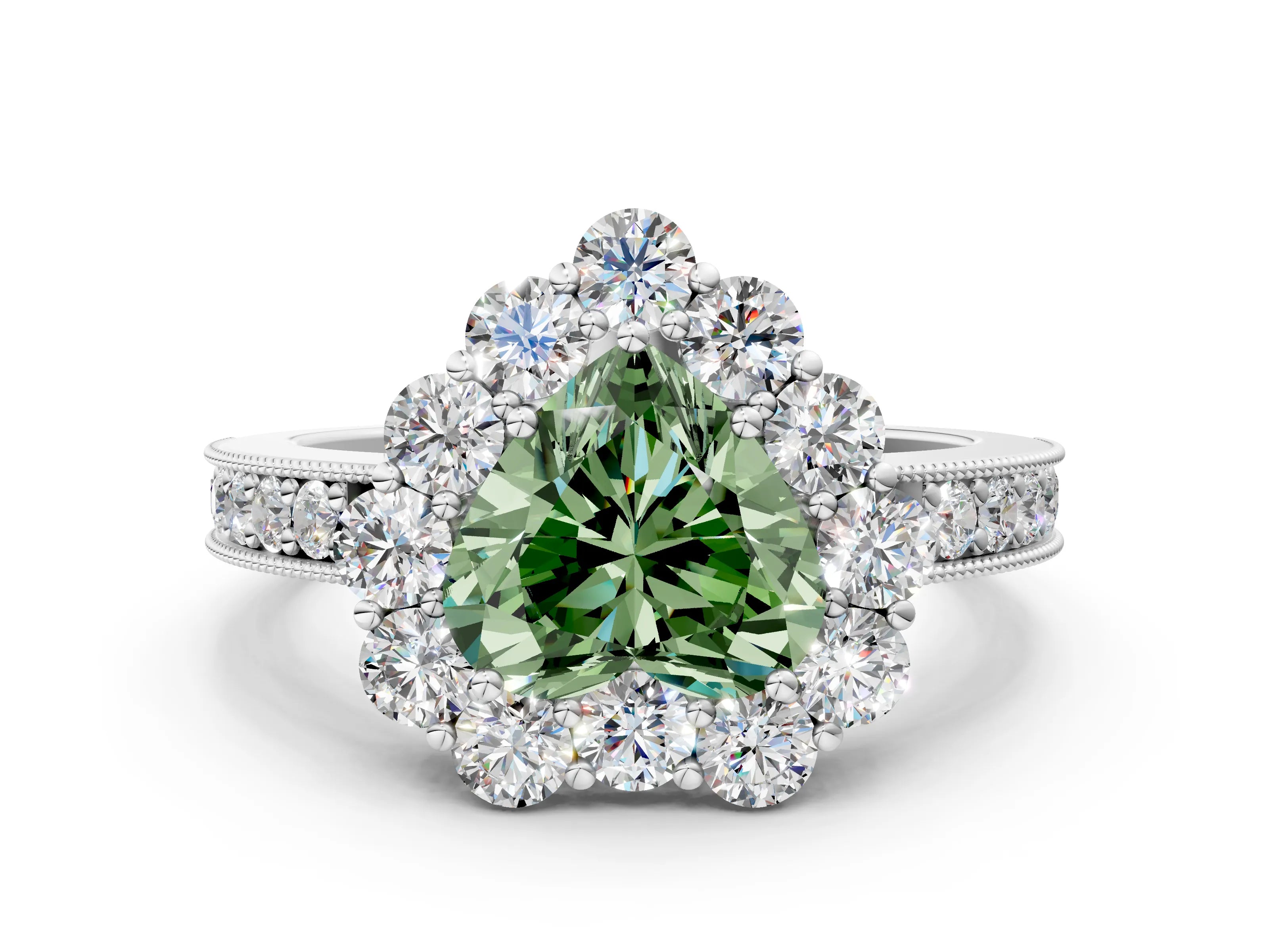 White gold Fancy Green Heart Cut Cut Halo Diamond Pavé Engagement Ring with Milgrain Detailing_36