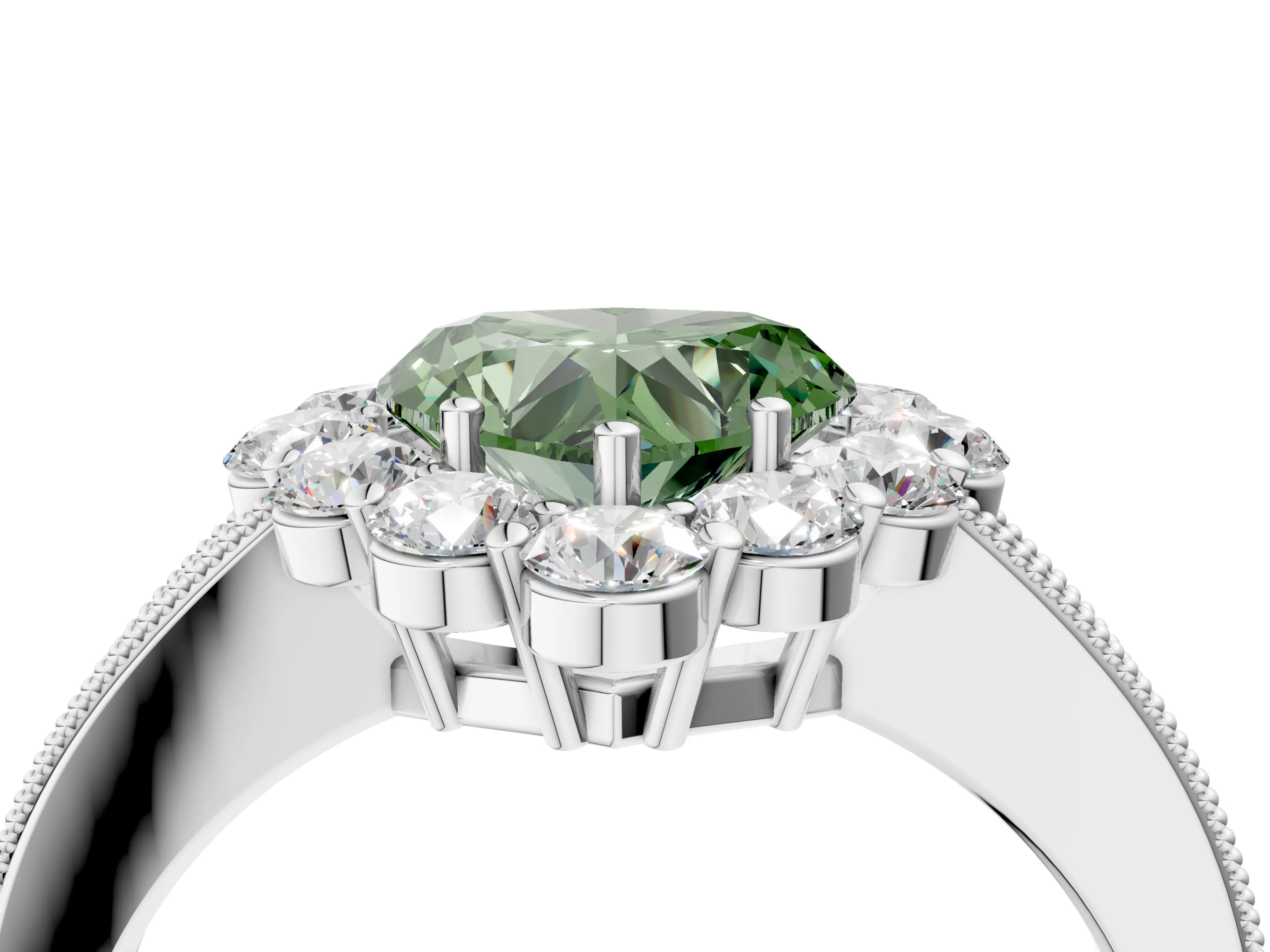 White gold Fancy Green Heart Cut Cut Halo Diamond Pavé Engagement Ring with Milgrain Detailing_40