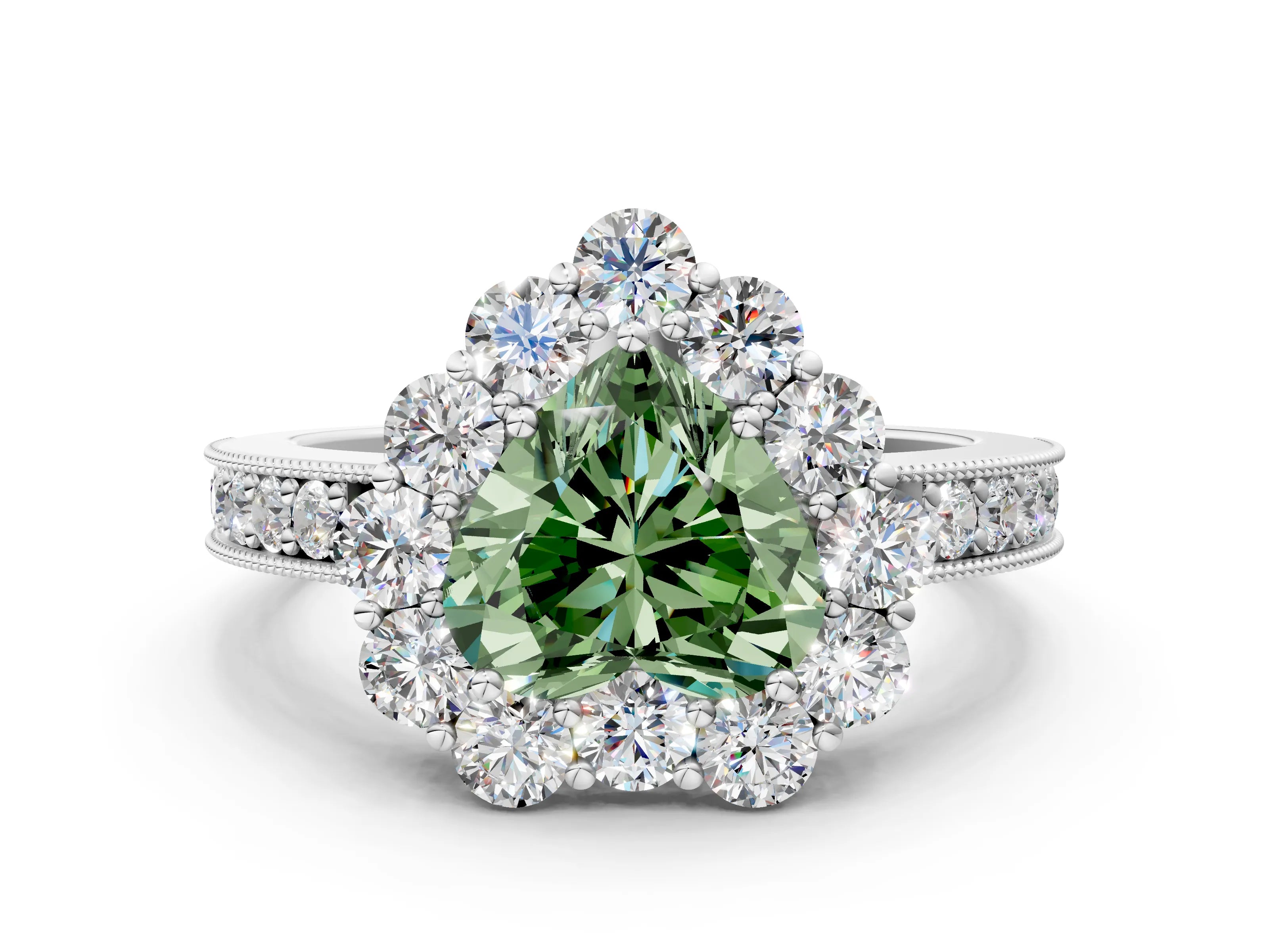 White gold Fancy Green Heart Cut Cut Halo Diamond Pavé Engagement Ring with Milgrain Detailing_48