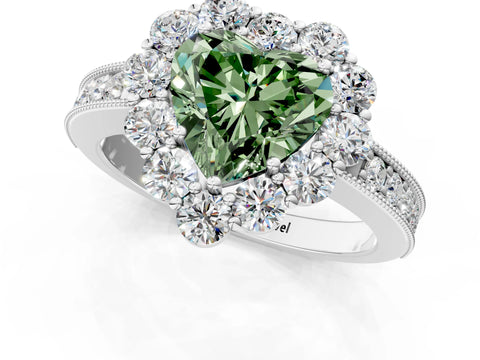 White gold Fancy Green Heart Cut Cut Halo Diamond Pavé Engagement Ring with Milgrain Detailing_49