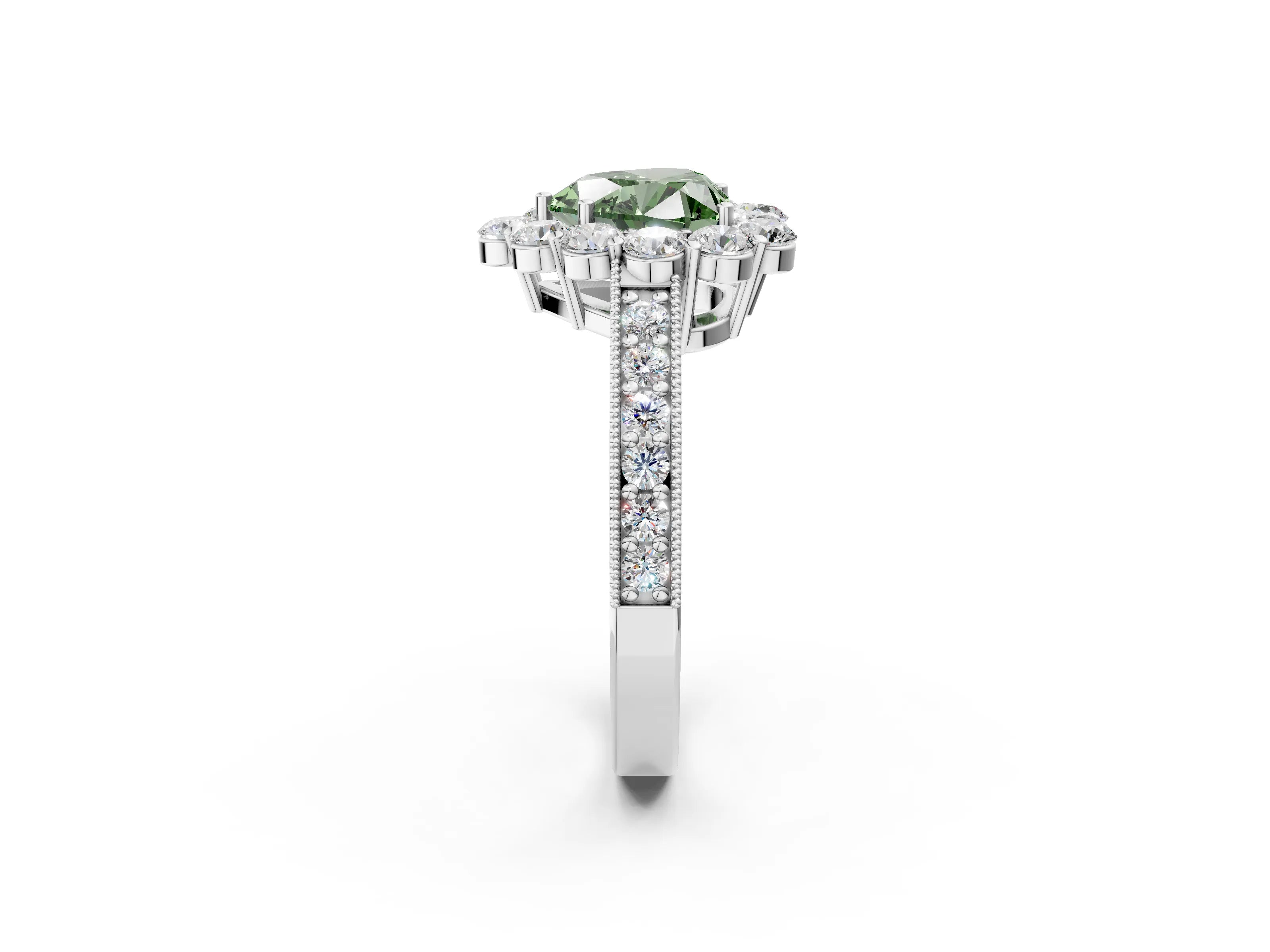 White gold Fancy Green Heart Cut Cut Halo Diamond Pavé Engagement Ring with Milgrain Detailing_50