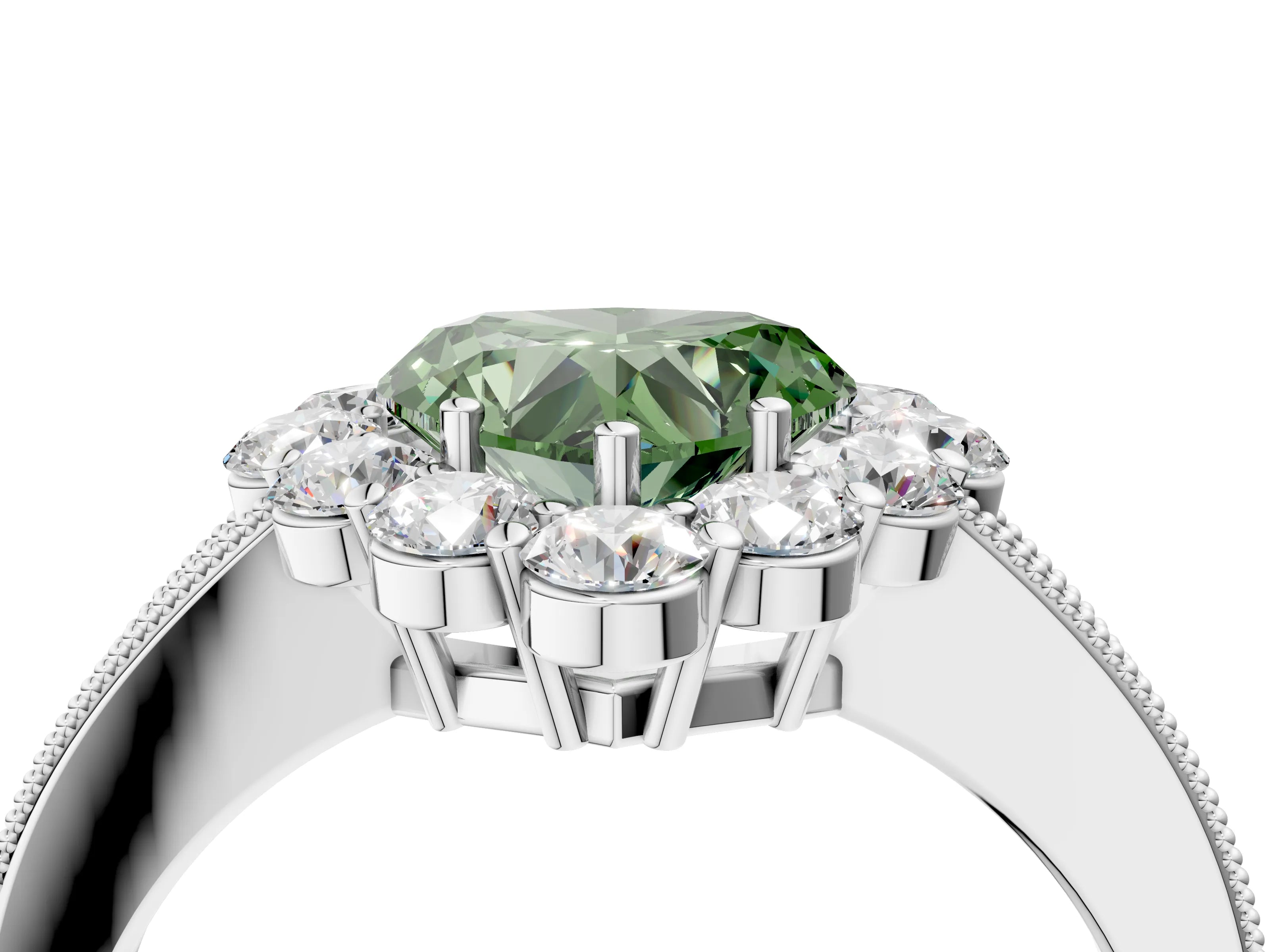 White gold Fancy Green Heart Cut Cut Halo Diamond Pavé Engagement Ring with Milgrain Detailing_52