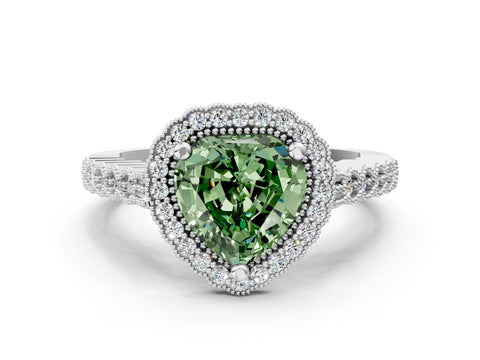 White gold Fancy Green Heart Cut Cut Halo Pavé Solitaire Ring with Milgrain Band_12