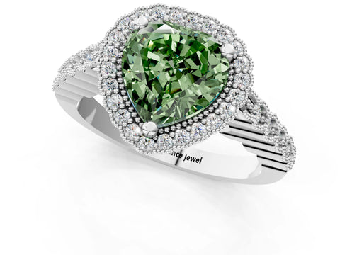 White gold Fancy Green Heart Cut Cut Halo Pavé Solitaire Ring with Milgrain Band_13