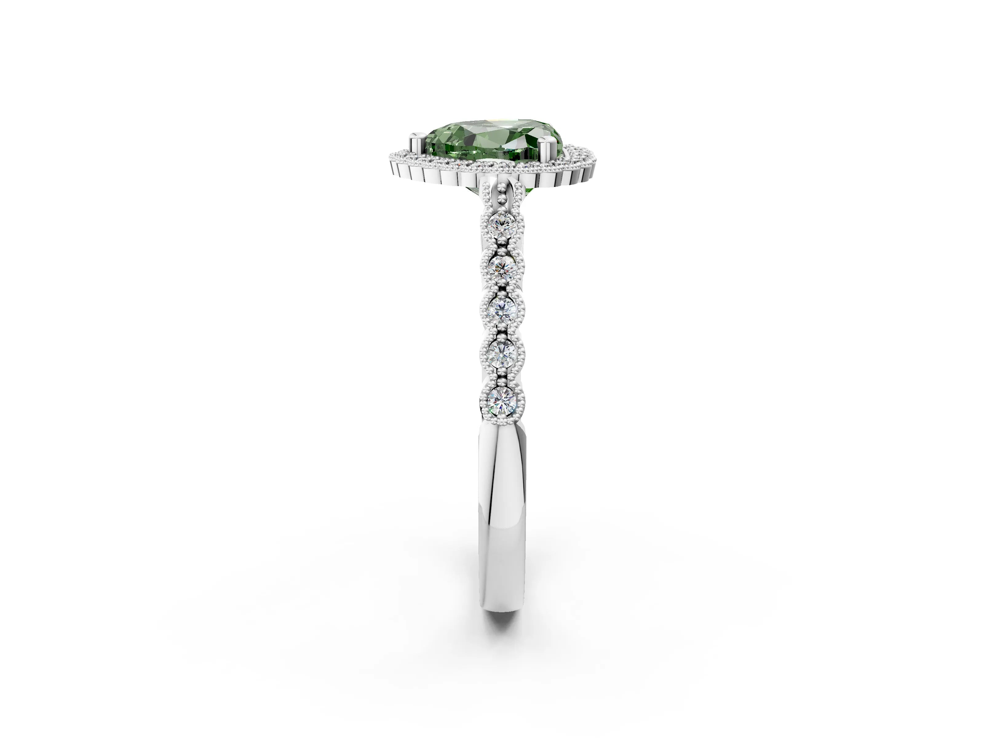White gold Fancy Green Heart Cut Cut Halo Pavé Solitaire Ring with Milgrain Band_14
