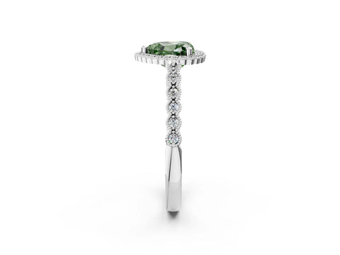 White gold Fancy Green Heart Cut Cut Halo Pavé Solitaire Ring with Milgrain Band_14