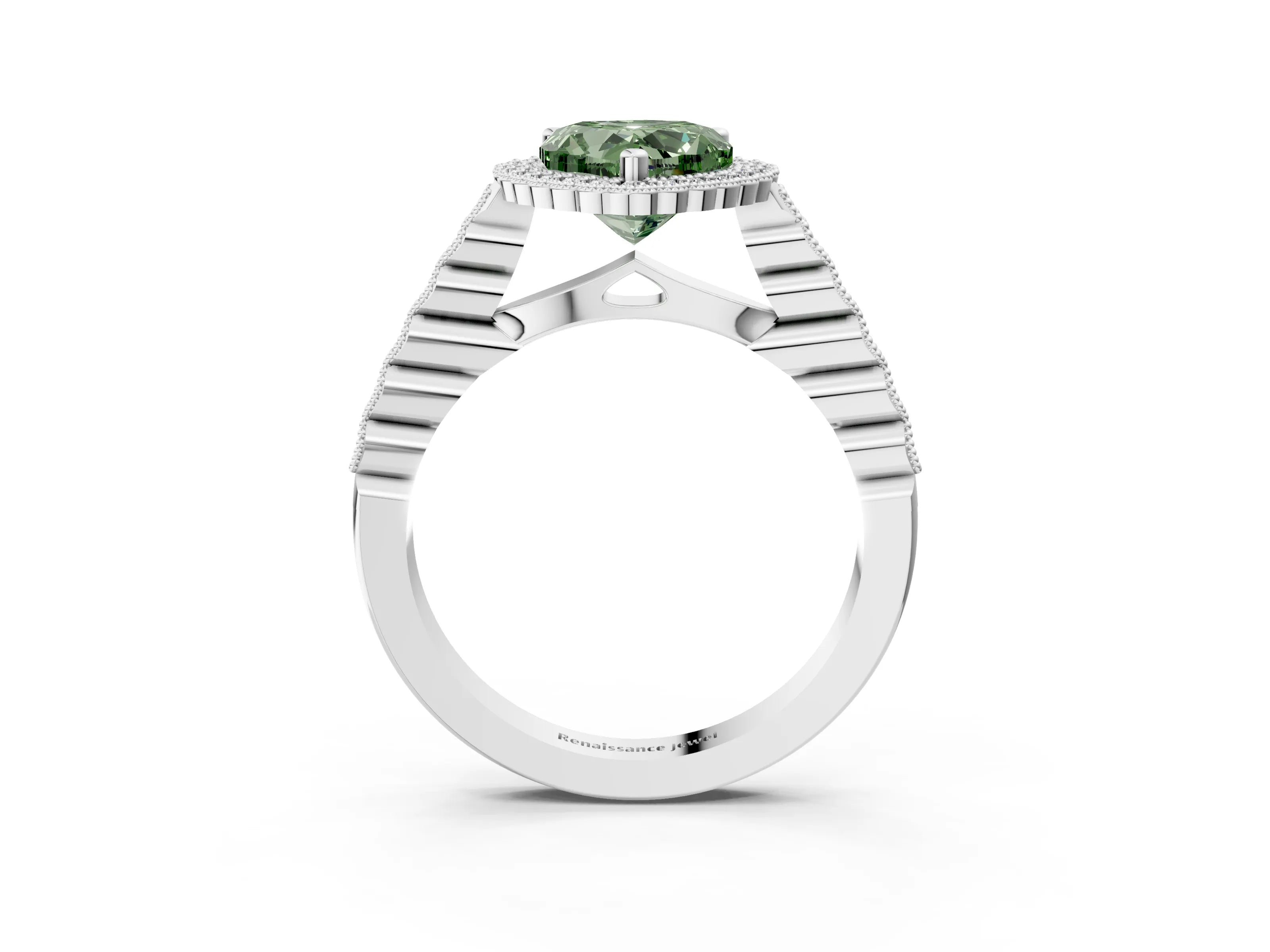 White gold Fancy Green Heart Cut Cut Halo Pavé Solitaire Ring with Milgrain Band_15