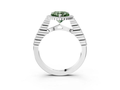 White gold Fancy Green Heart Cut Cut Halo Pavé Solitaire Ring with Milgrain Band_15