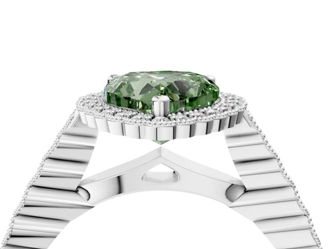 White gold Fancy Green Heart Cut Cut Halo Pavé Solitaire Ring with Milgrain Band_16