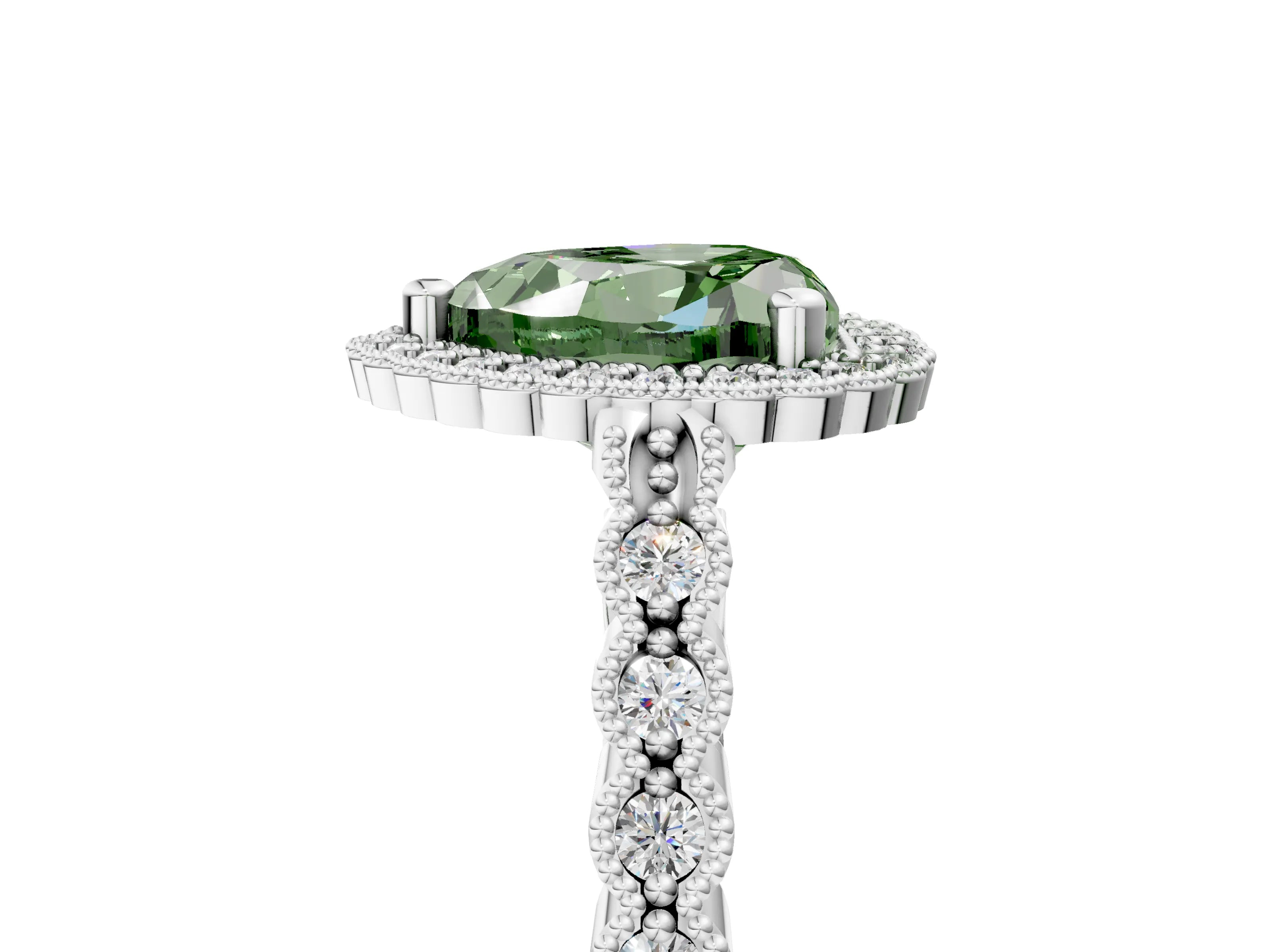White gold Fancy Green Heart Cut Cut Halo Pavé Solitaire Ring with Milgrain Band_17