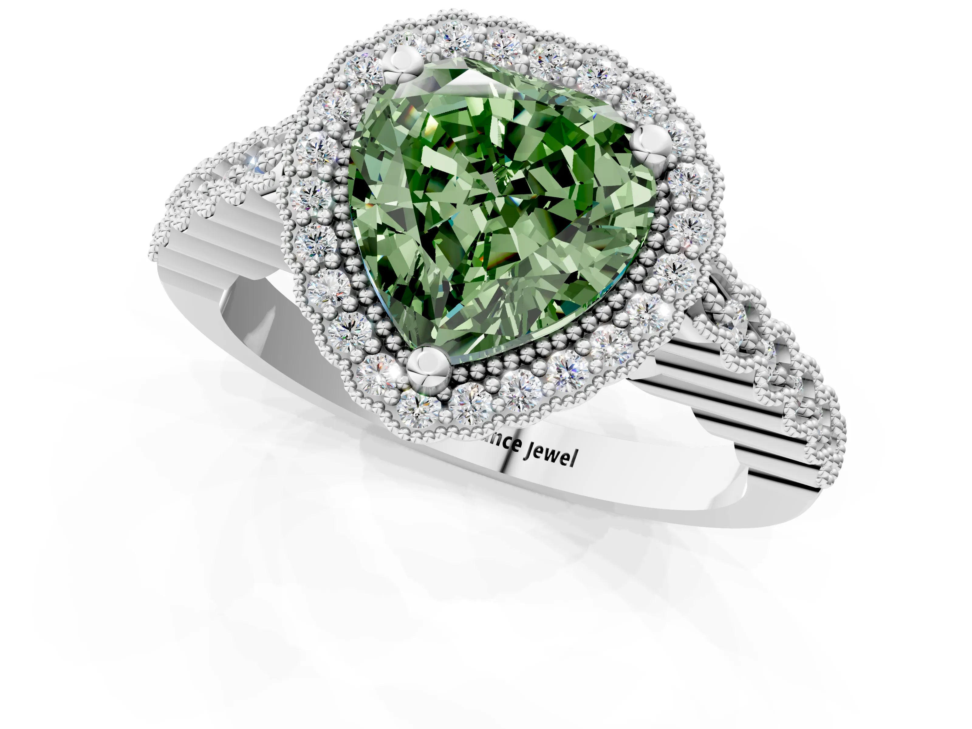 White gold Fancy Green Heart Cut Cut Halo Pavé Solitaire Ring with Milgrain Band_1