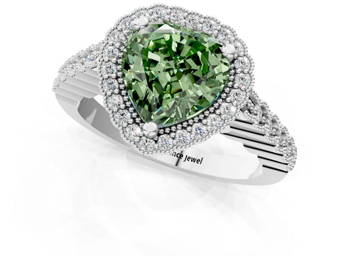 White gold Fancy Green Heart Cut Cut Halo Pavé Solitaire Ring with Milgrain Band_1