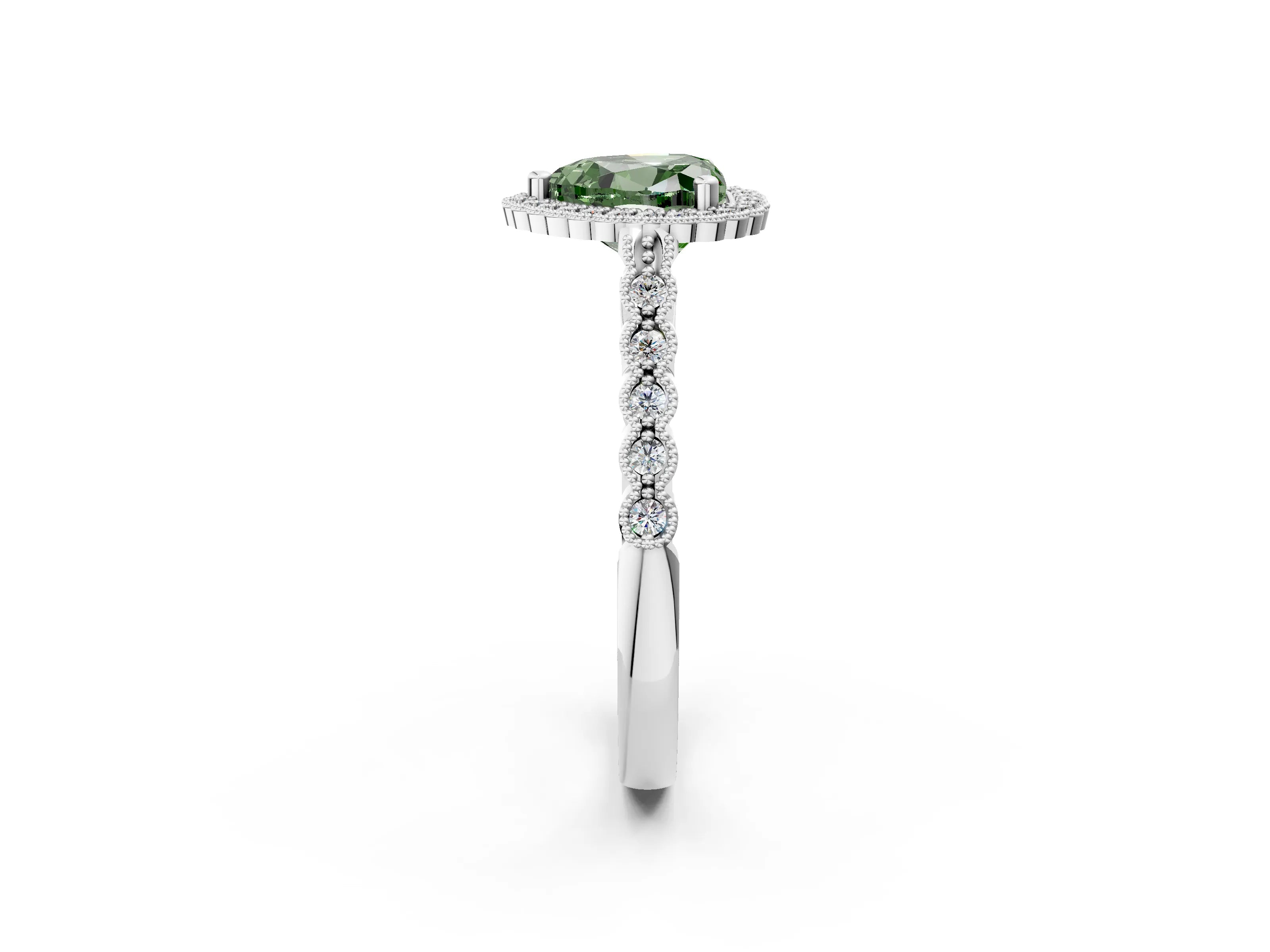 White gold Fancy Green Heart Cut Cut Halo Pavé Solitaire Ring with Milgrain Band_2