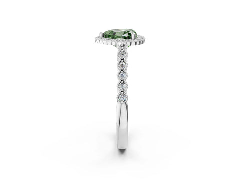 White gold Fancy Green Heart Cut Cut Halo Pavé Solitaire Ring with Milgrain Band_2