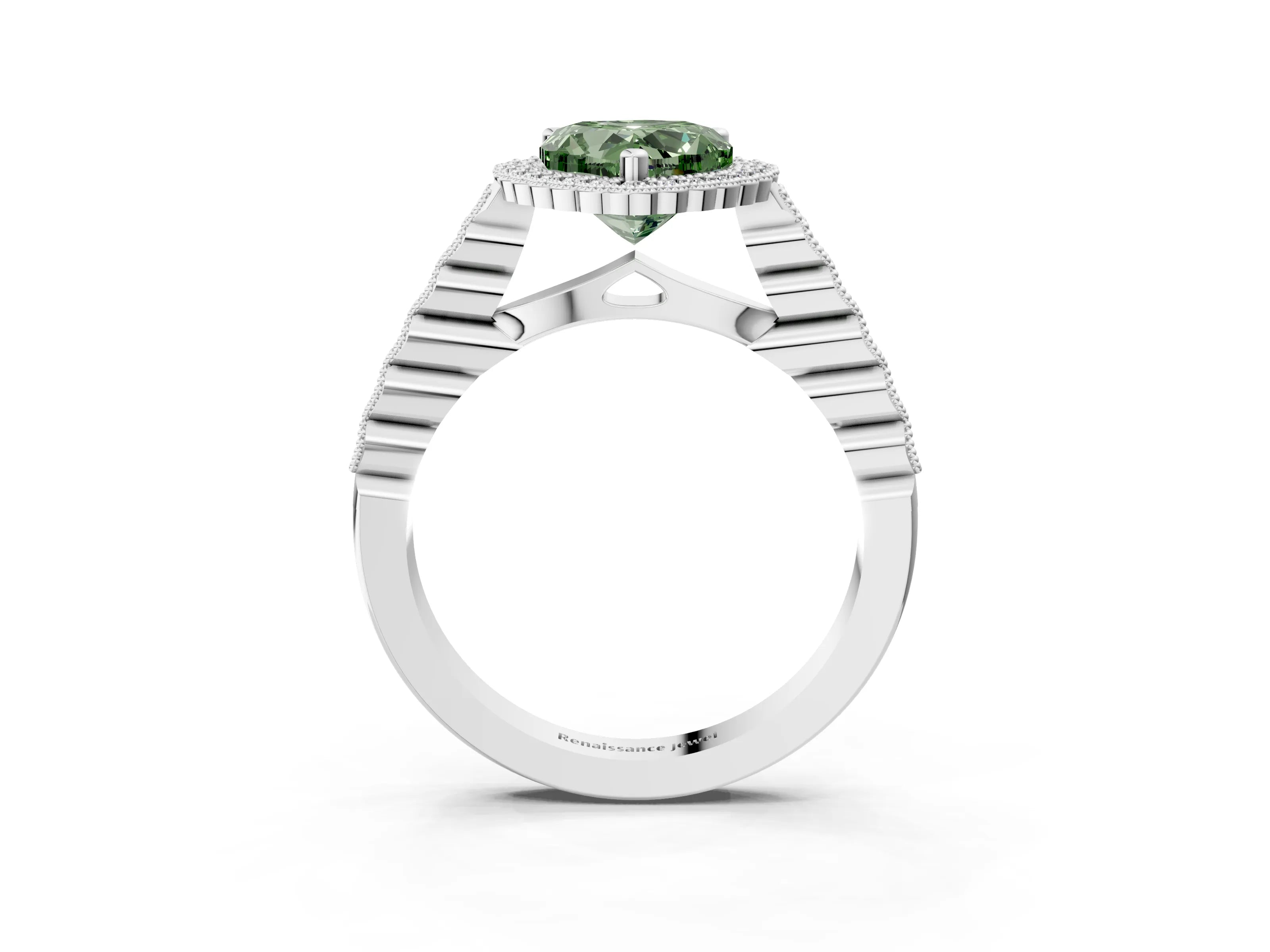 White gold Fancy Green Heart Cut Cut Halo Pavé Solitaire Ring with Milgrain Band_3