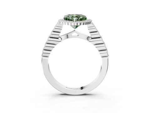 White gold Fancy Green Heart Cut Cut Halo Pavé Solitaire Ring with Milgrain Band_3