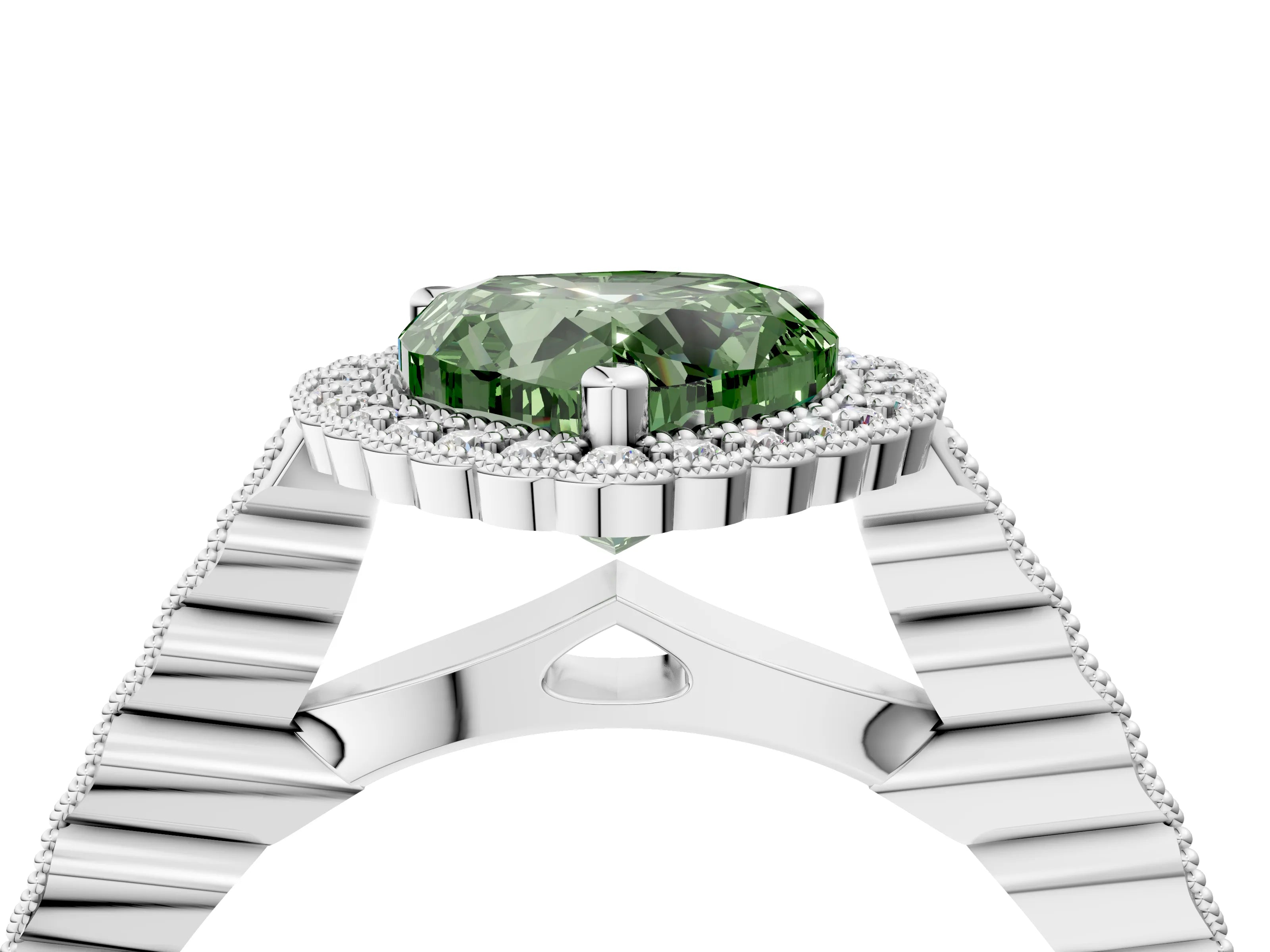 White gold Fancy Green Heart Cut Cut Halo Pavé Solitaire Ring with Milgrain Band_4