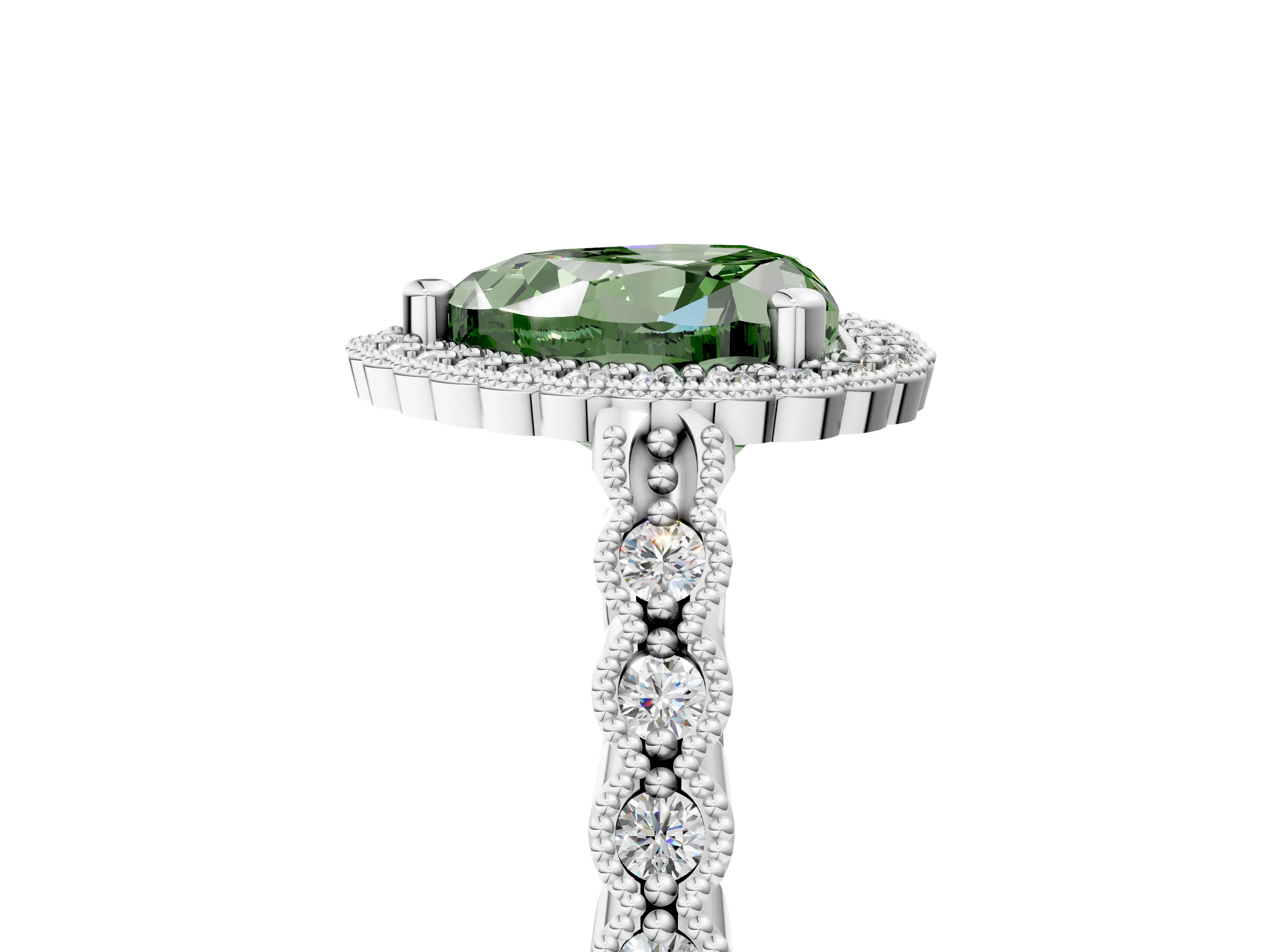 White gold Fancy Green Heart Cut Cut Halo Pavé Solitaire Ring with Milgrain Band_5