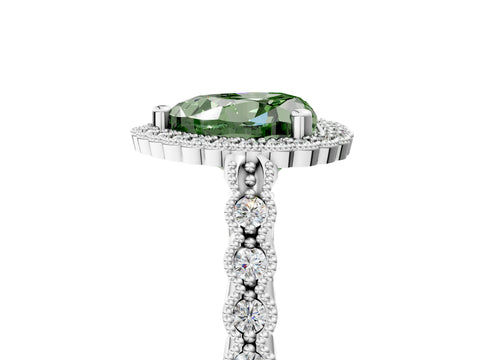 White gold Fancy Green Heart Cut Cut Halo Pavé Solitaire Ring with Milgrain Band_5