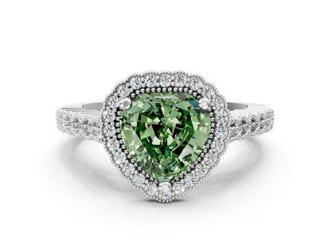 White gold Fancy Green Heart Cut Cut Halo Pavé Solitaire Ring with Milgrain Band