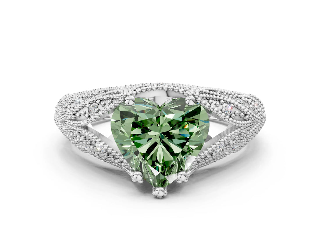 White gold Fancy Green Heart Cut Cut Milgrain Pave Diamond Engagement Ring with Four-Prong Setting_3