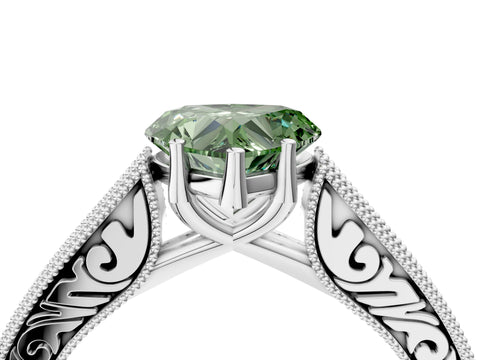 White gold Fancy Green Heart Cut Cut Pave Band Milgrain Solitaire Ring_10