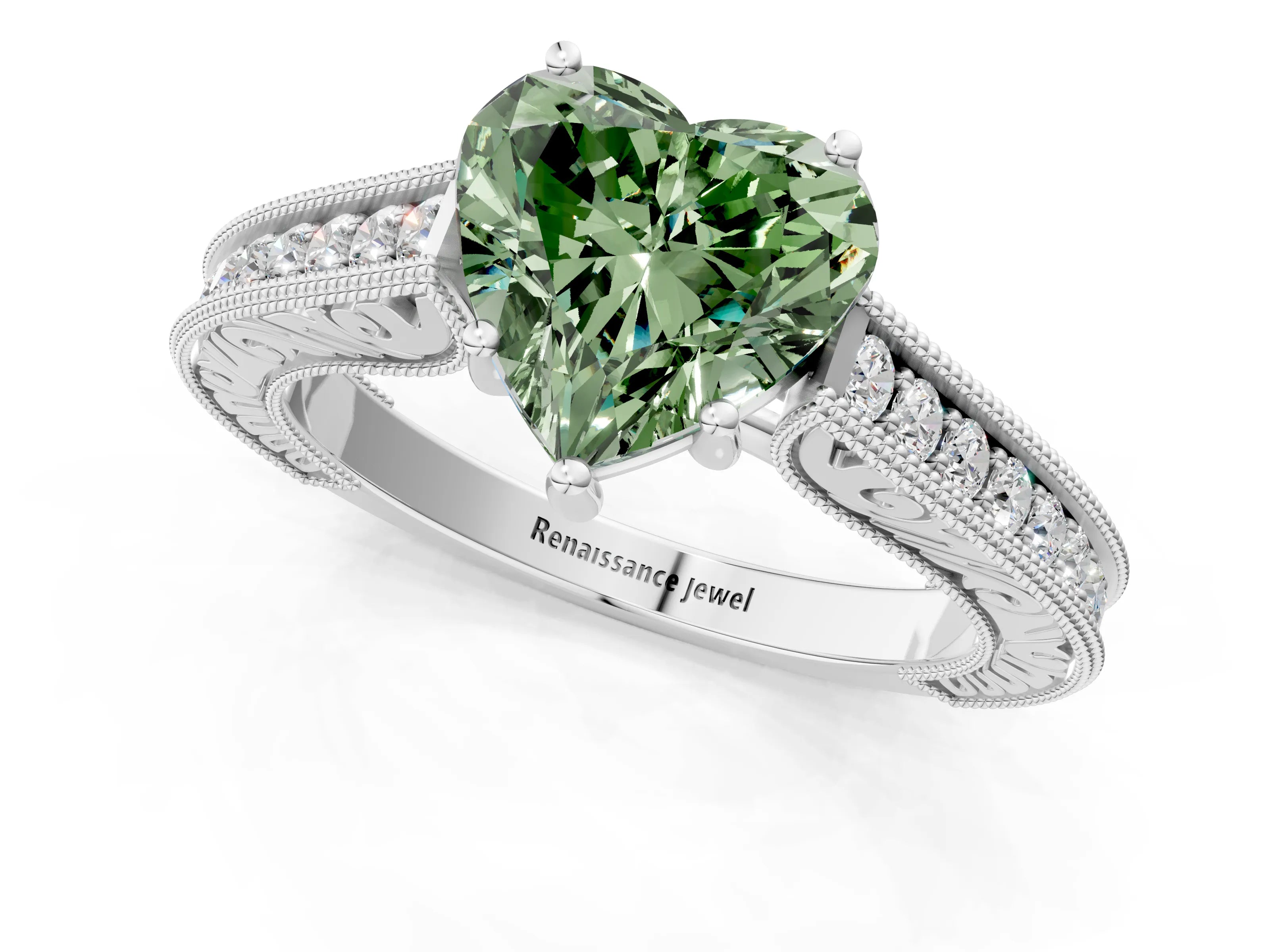White gold Fancy Green Heart Cut Cut Pave Band Milgrain Solitaire Ring_1