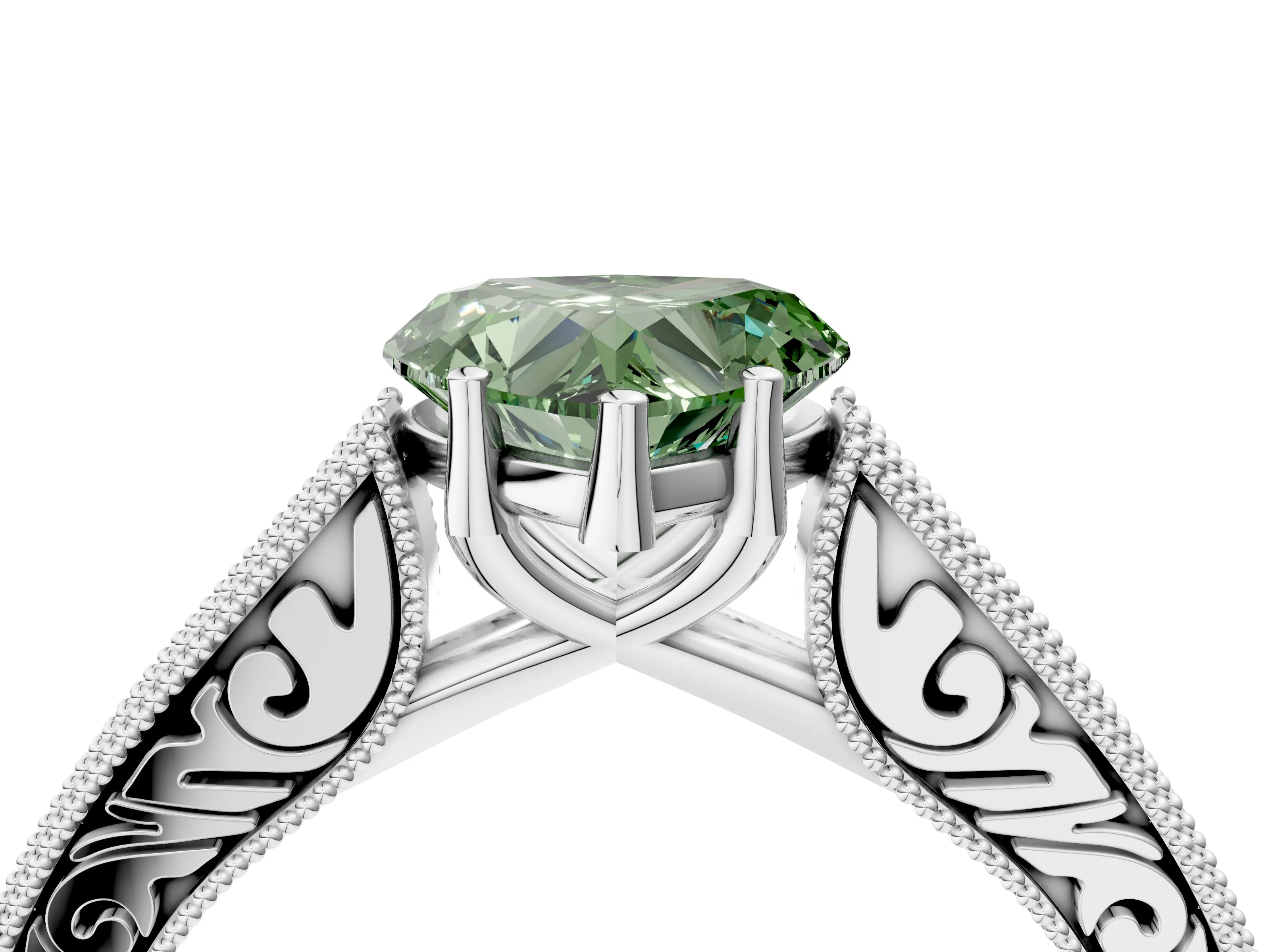White gold Fancy Green Heart Cut Cut Pave Band Milgrain Solitaire Ring_4