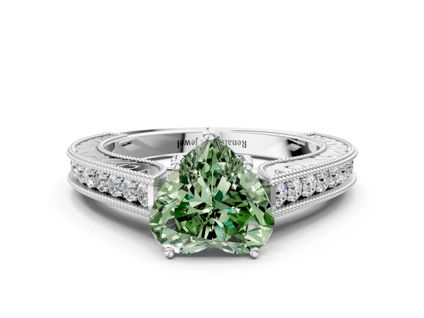 White gold Fancy Green Heart Cut Cut Pave Band Milgrain Solitaire Ring