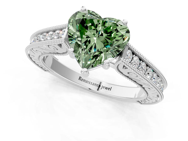 White gold Fancy Green Heart Cut Cut Pave Band Milgrain Solitaire Ring